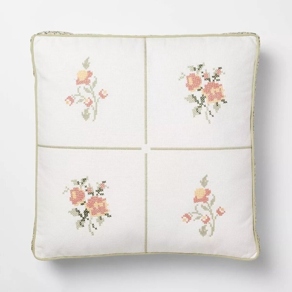 Square Cross-Stitched Floral Pillow 18"‎ -Threshold Studio McGee, Target 2025
